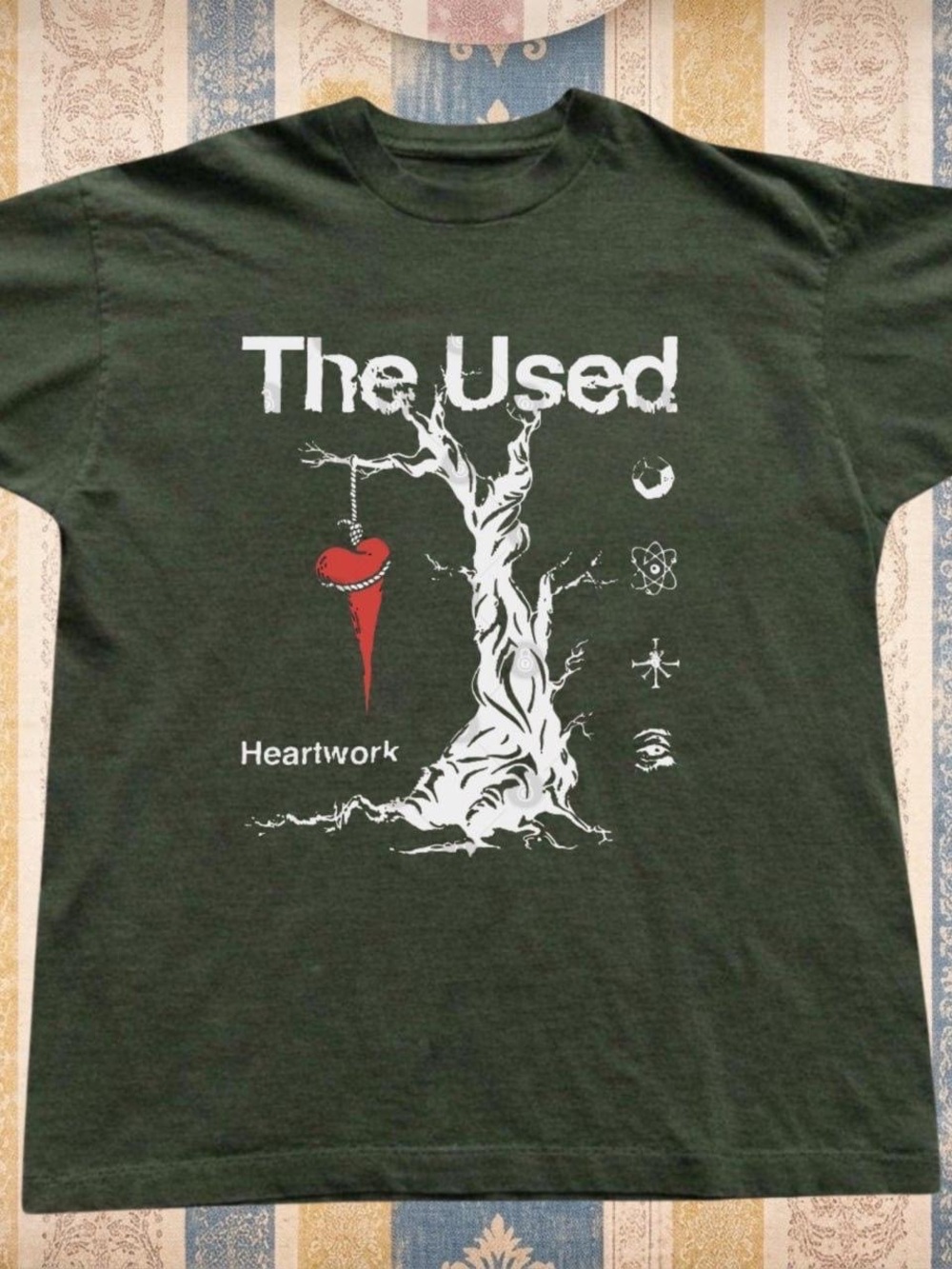 Gildan Dark Green 'The Used' Heartwork Band Tee with Red Heart Graphic